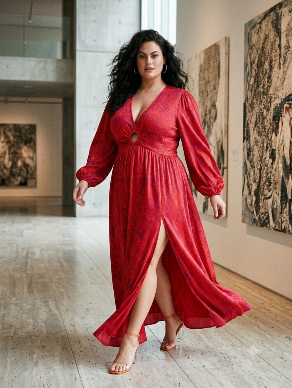 Nina Parker Red Printed V-Neck Maxi Dress with Ring Detail